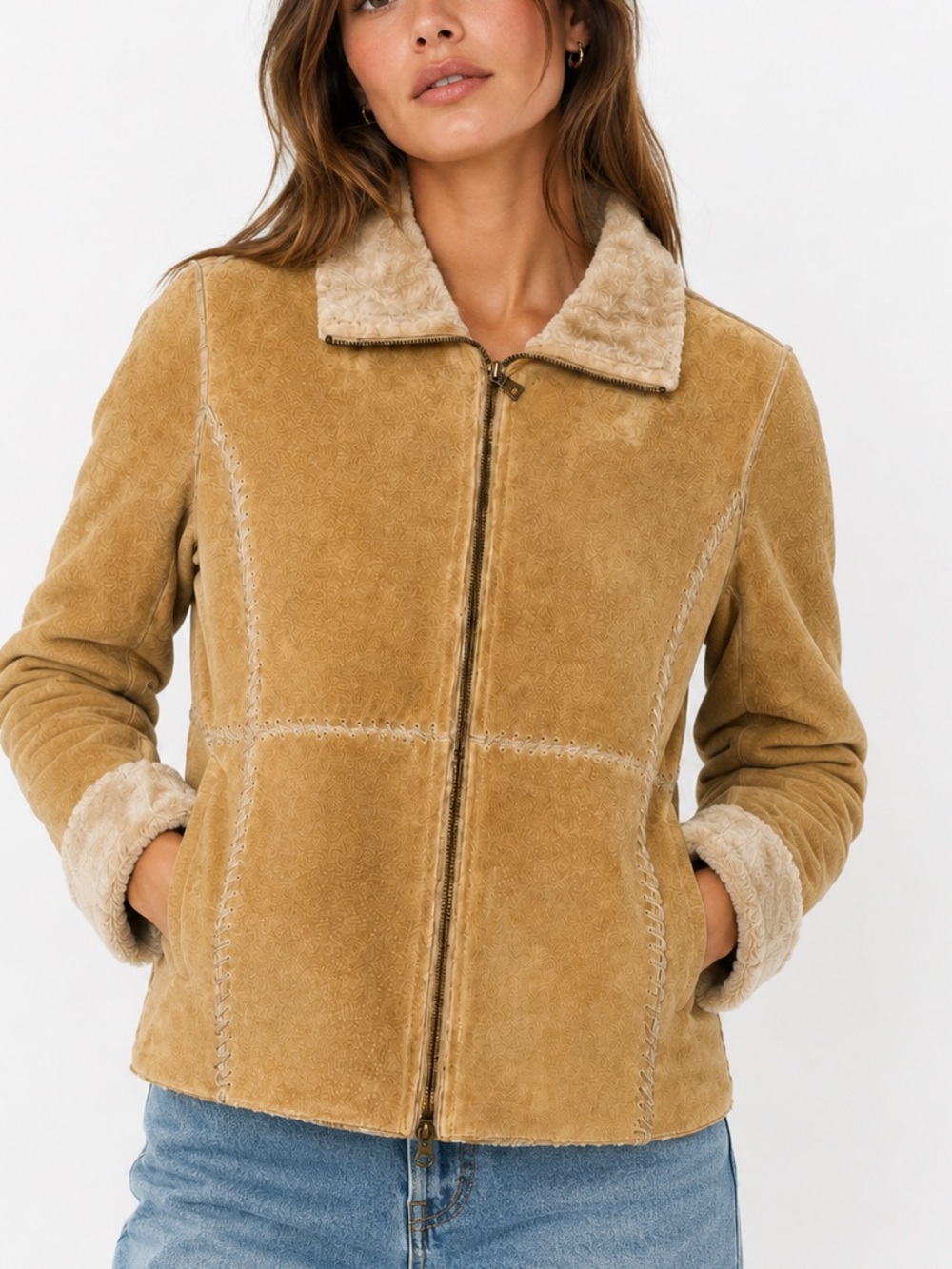 Vintage Guess Y2K Genuine Suede Leather Faux Shearling Jacket Tan Size Small